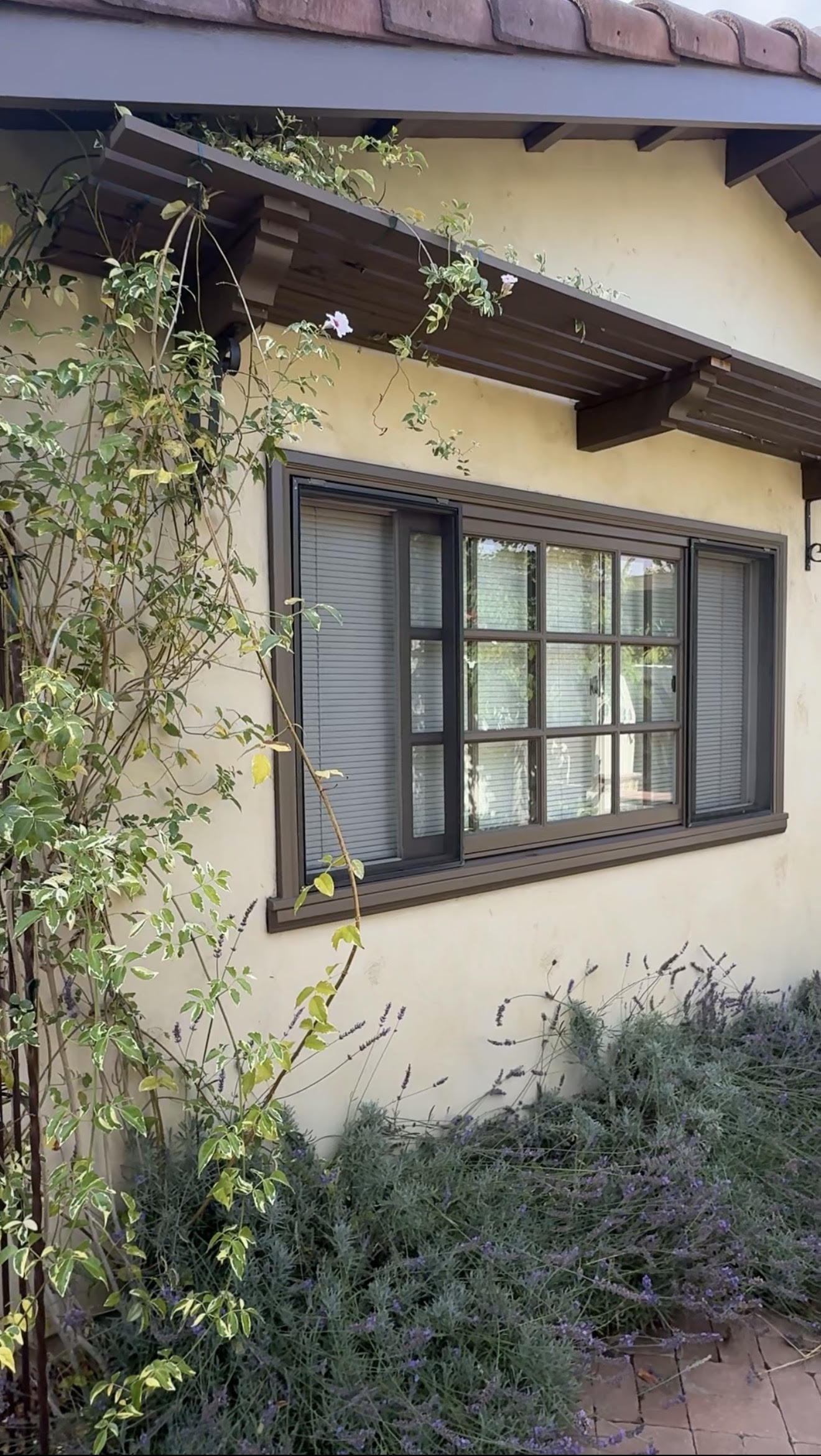 Stucco wall with dark window frames and a tile roof overhang